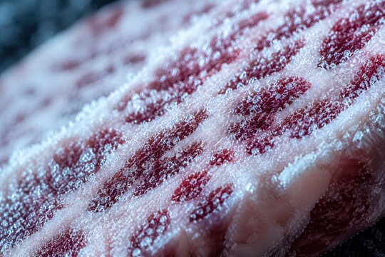 Wagyu beef fat crystals sparkling on a partially frozen marbled steak surface