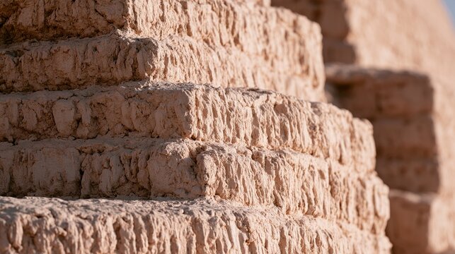 ziggurat. Ancient Mesopotamian mud-brick ziggurat structure, weathered surface in warm desert light. real-estate listings.