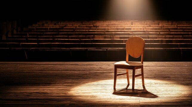 rehearsal. Empty theater rehearsal hall with a single spotlight on a central chair casting dramatic shadows. real-estate listings.