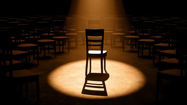 rehearsal. Empty theater rehearsal hall with a single spotlight on a central chair casting dramatic shadows. real-estate listings.