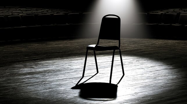 rehearsal. Empty theater rehearsal hall with a single spotlight on a central chair casting dramatic shadows. real-estate listings.