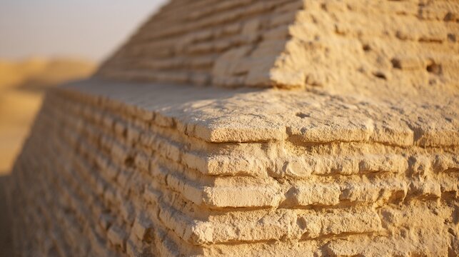 ziggurat. Ancient Mesopotamian mud-brick ziggurat structure, weathered surface in warm desert light. real-estate listings.