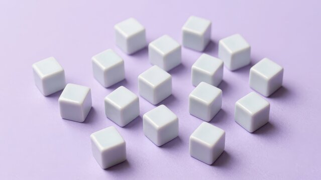 Group of many small white 3D cubes scattered on a pastel purple background representing data blocks, building blocks, or modular components with soft studio lighting and shadow