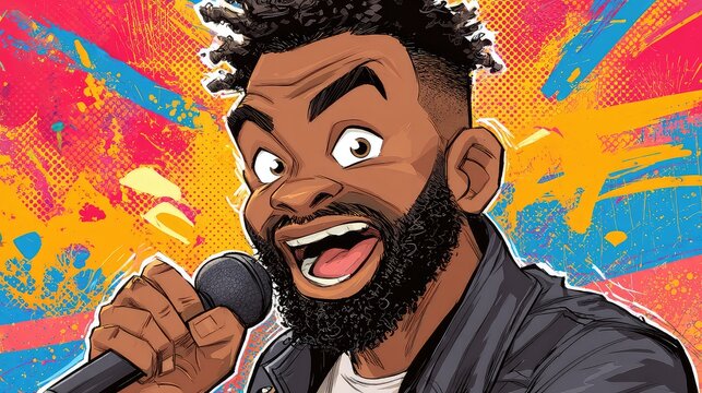 Cartoon-style portrait of a joyful male comedian with a microphone