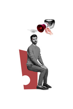 Composite trend artwork 3D sketch image photo collage of fake news propaganda manipulate young confused man sit woman mouth talk megaphone