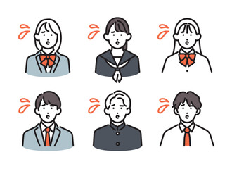 Fototapeta premium シンプル イラスト 困った表情で不安を感じる男女の学生6人セット ベクターイラスト