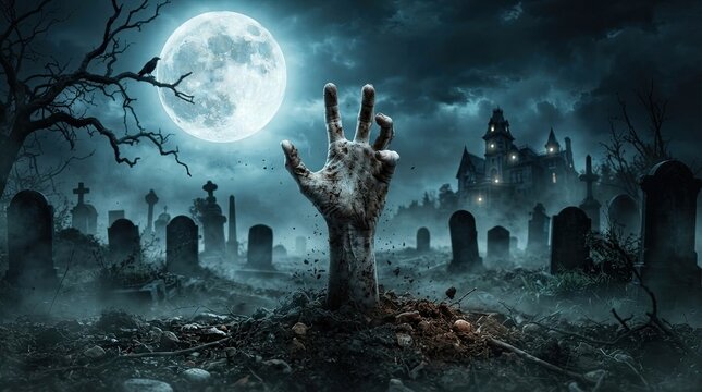 Zombie hand reaching from grave in spooky cemetery under full moon at night