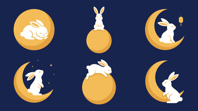 A collection of cute white rabbits sitting on golden moons and full moons for the traditional chinese mid autumn festival celebration design