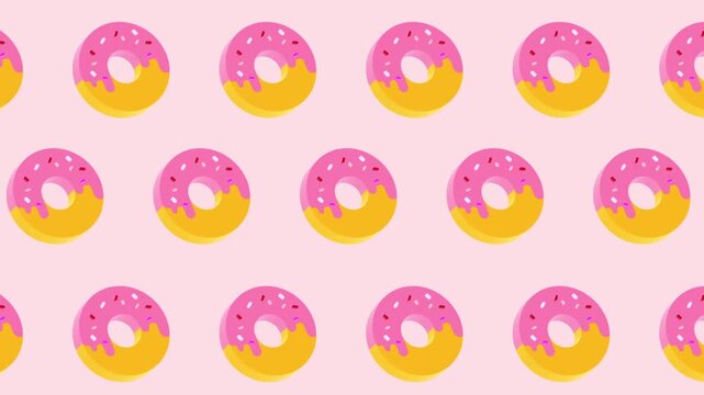 3D seamless pattern of rotating pink iced donuts with sprinkles on pastel background