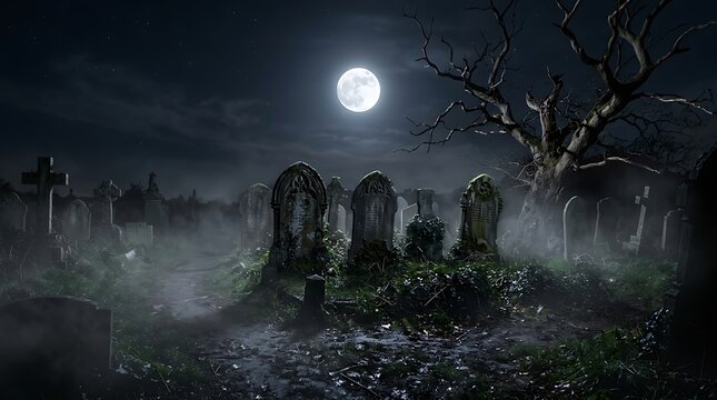 An atmospheric and chilling scene of an old graveyard at night, with a bright full moon, dense mist, and gnarled trees, perfect for Halloween imagery.