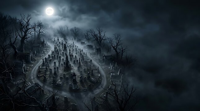 A hauntingly atmospheric graveyard scene unfolds under a luminous full moon, shrouded in dense, mysterious fog, creating an eerie and desolate nocturnal landscape.
