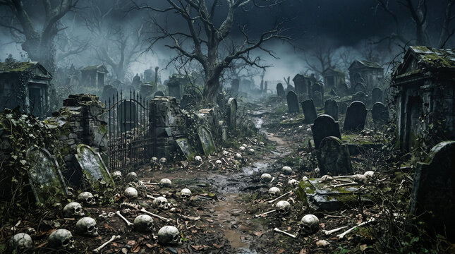 Cementerio abandonado y tenebroso bajo una noche nublada, con calaveras y huesos esparcidos entre tumbas antiguas, niebla, vegetaci&oacute;n y una misteriosa luz de farol.