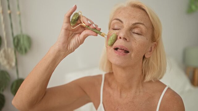 Woman rolling a jade roller on cheek in studio bed scene, eyes closed and relaxed expression, freckled skin visible; self care serenity.