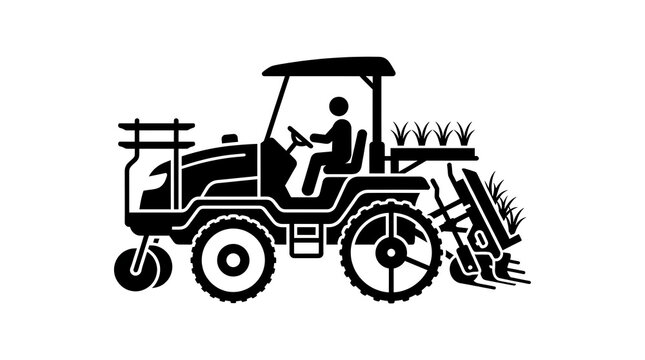 A black silhouette icon of a rice transplanter machine being operated by a person isolated with machine used planting