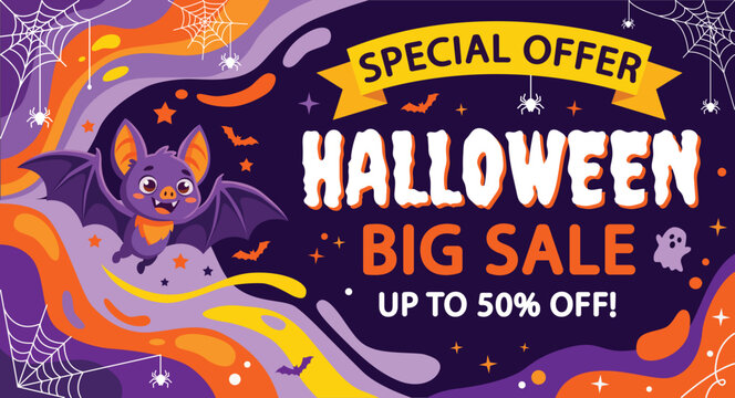 Halloween sale special offer promotional poster flying bat banner spider webs and abstract orange and purple liquid gradient shapes background Cartoon illustration