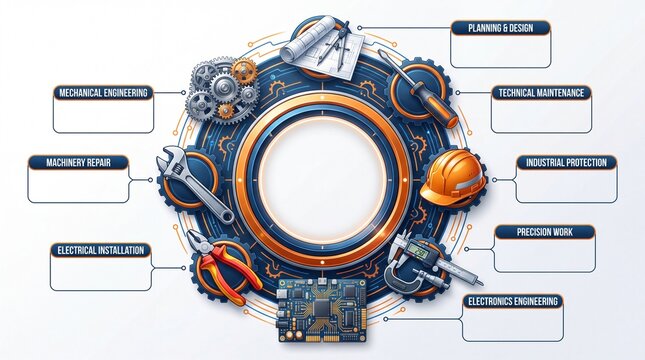 Industrial engineering infographic template. Circular gear frame with tools and text boxes for mechanical maintenance and planning