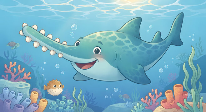 Happy cartoon sawfish with friendly sea creatures for kids illustration