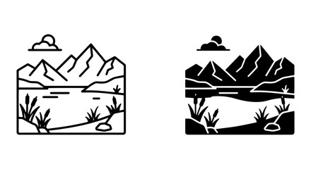 Fototapeta premium Mountain Lake Landscape Icons, Nature Scene Vector Graphics, Outdoor Adventure Elements