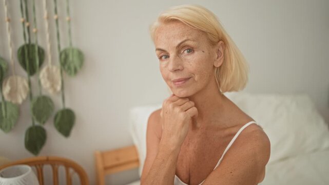 Woman resting chin on hand with bare shoulder exposed, posing with hand on shoulder and white nails on a bed in a building bedroom; self care serenity.