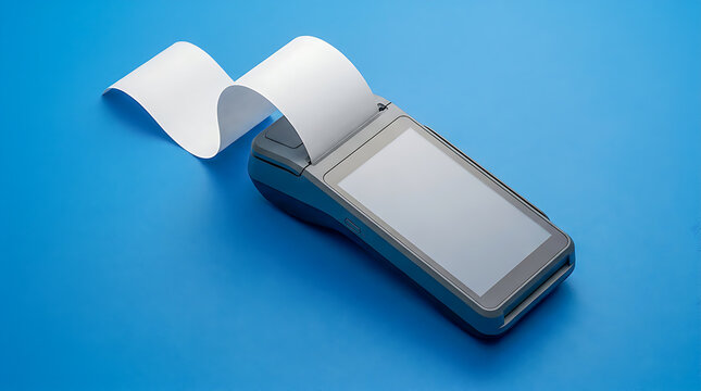 POS Machine with Long Receipt Paper Roll on Blue Background