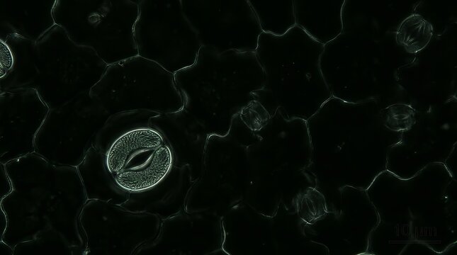 Leaf stomata opening across waxy epidermis in dark-field microscopy