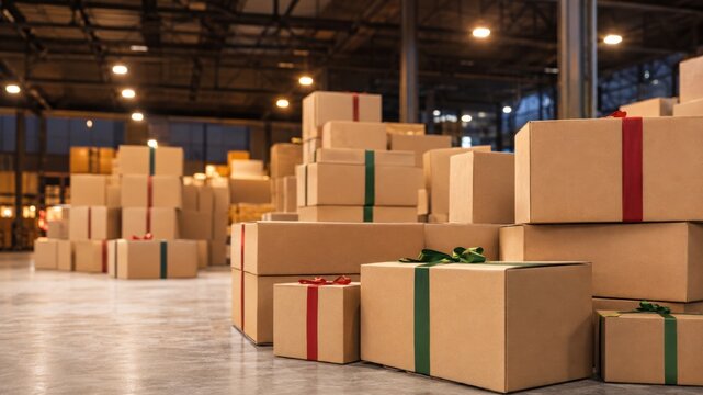 Boxes are stacked in a warehouse with different colored ribbons during the day in an industrial space