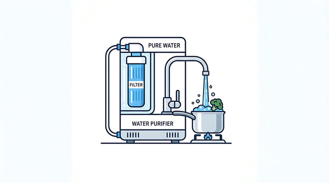 A water purifier unit dispensing clean water into a cooking pot with fresh green broccoli with modern water filtration