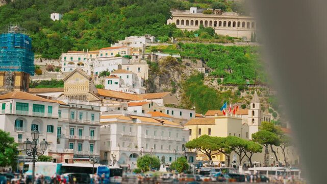 Coastal resort seen over the port of Amalfi