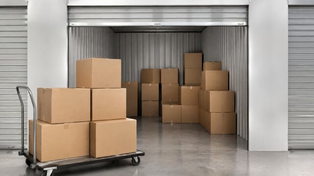 Boxes stacked inside a storage unit with a cart in front during daylight hours