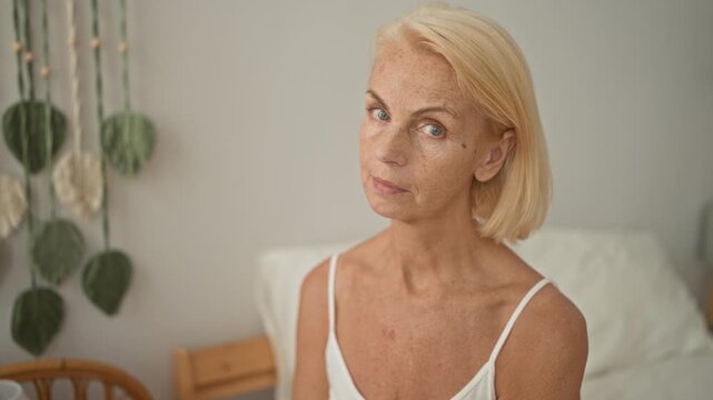 Woman sitting on bed with exposed shoulder and slight head tilt, looking at camera in bedroom lit by soft natural light, wearing white camisole; calm reflection.