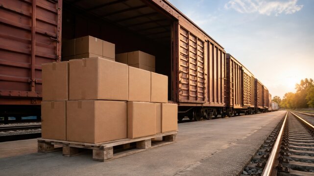 Freight train with cargo boxes stacked on pallets at a loading dock during sunset