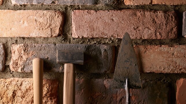 masonry. Close-up of a weathered brick wall with masonry tools nearby, warm earthy tones and directional lighting creating texture. real-estate listings.