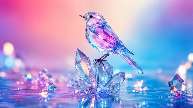 幻想的なクリスタルの小鳥。AIで生成。