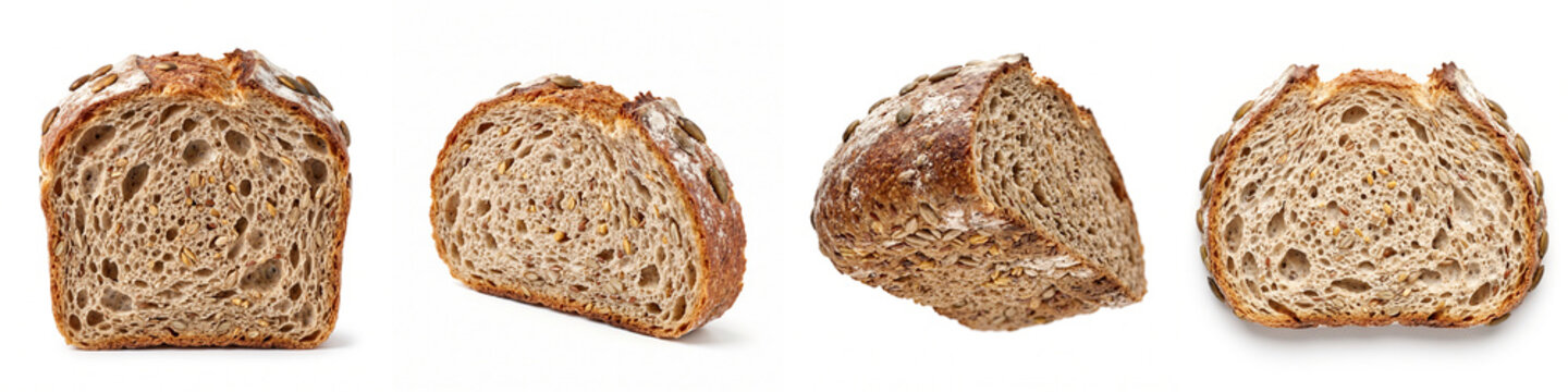 Sourdough bread loaf cross sections with seeded crust and airy porous crumb texture isolated on white background, perfect for bakery menu, healthy nutrition and food packaging design