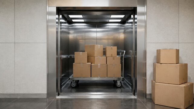Boxes loaded in an elevator within a building for transport to different floors