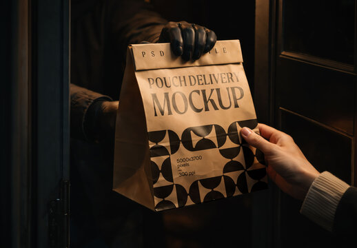 Gloved Hand Delivering Kraft Paper Bag at Dark Doorway for Food Packaging and Branding Presentation