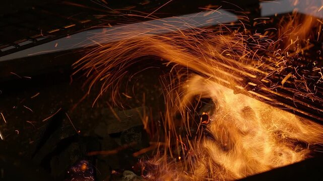 A fierce fire in an iron grill, closeup shot in the evening light, glowing coals and sparks flying in all directions, preparing the barbecue for grilling meat.