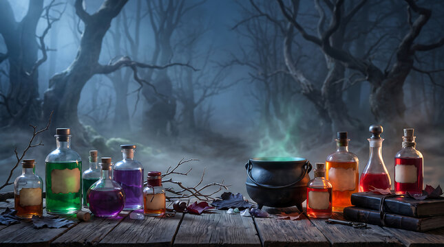 Witch Cauldron with Green Smoke and Potion Bottles in Foggy Forest for Spooky Magic Alchemy Spell Background Design