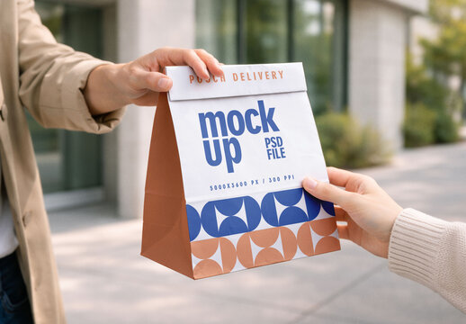 Hands Passing Patterned Paper Delivery Bag in Urban Street Setting for Food Packaging Presentation