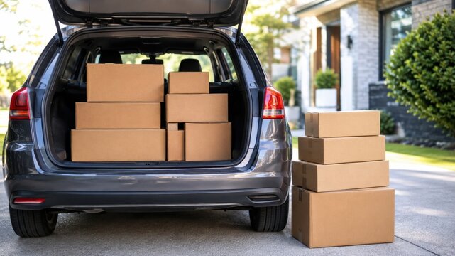 Empty car with cardboard boxes in the trunk and stacked on the ground outside a house