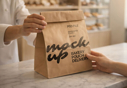 Hands Passing Kraft Paper Bag in Bakery Interior for Food Packaging and Branding Presentation