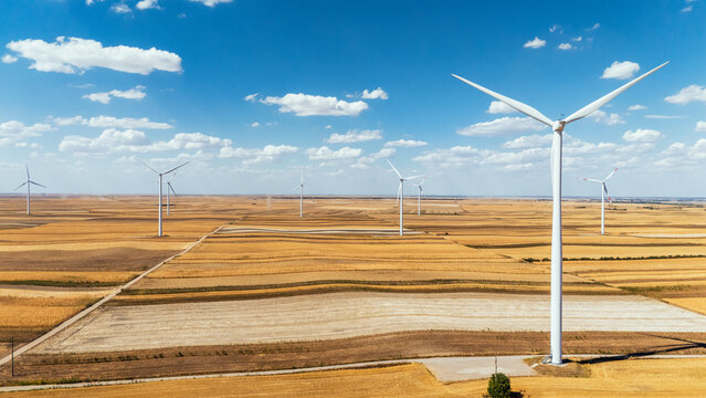 Aerial view of Wind farm Alibunar with rows of wind turbines set in vast golden agricultural fields under a bright blue sky in Alibunar, Vojvodina, Serbia.