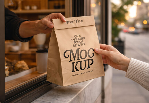 Hands Passing Kraft Paper Bag Through Cafe Window in Street Setting for Food Packaging Presentation