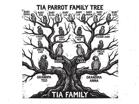 Vintage hand-drawn parrot family tree illustration. Detailed black ink genealogical chart with related birds. Heritage lineage diagram suitable for pedigree, kinship, or ancestry visual identity