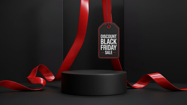 Black Friday Discount Sale tag hanging over black circular podium stage with flowing red ribbon on dark backdrop, 3D retail product display background.