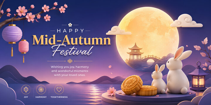 Happy mid autumn festival celebration banner with glowing full moon cute rabbits and lanterns asian festival night sky