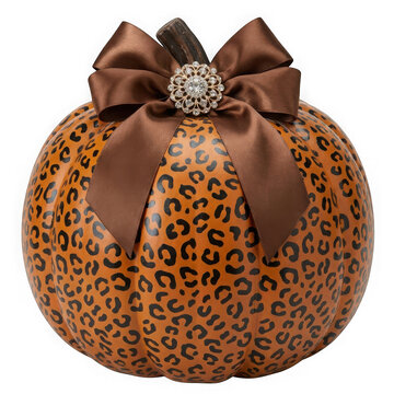 Decorative pumpkin with leopard print pattern and brown satin bow with crystal brooch isolated on transparent background