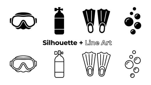 Scuba Diving Gear Icons: A collection of stylized icons representing essential scuba diving equipment, including goggles, air tanks, flippers, and bubbles.