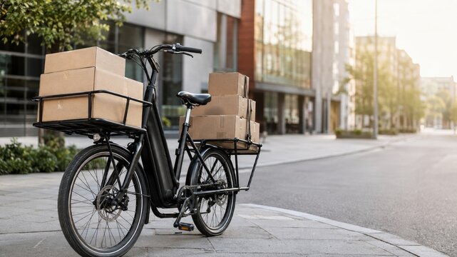 Delivery bicycle parked on a city street with packages loaded on both sides
