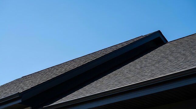 Black shingle roof edge with a sharp geometric angle against a clear bright blue summer sky background. asphalt roof